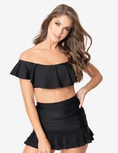 Unique Vintage Black Ruffled Swim Skirt